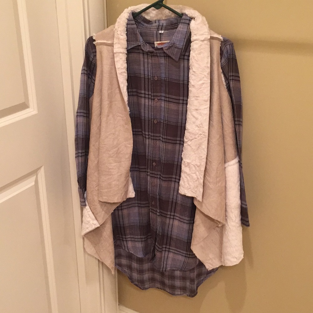 Fur jacket with plaid dress